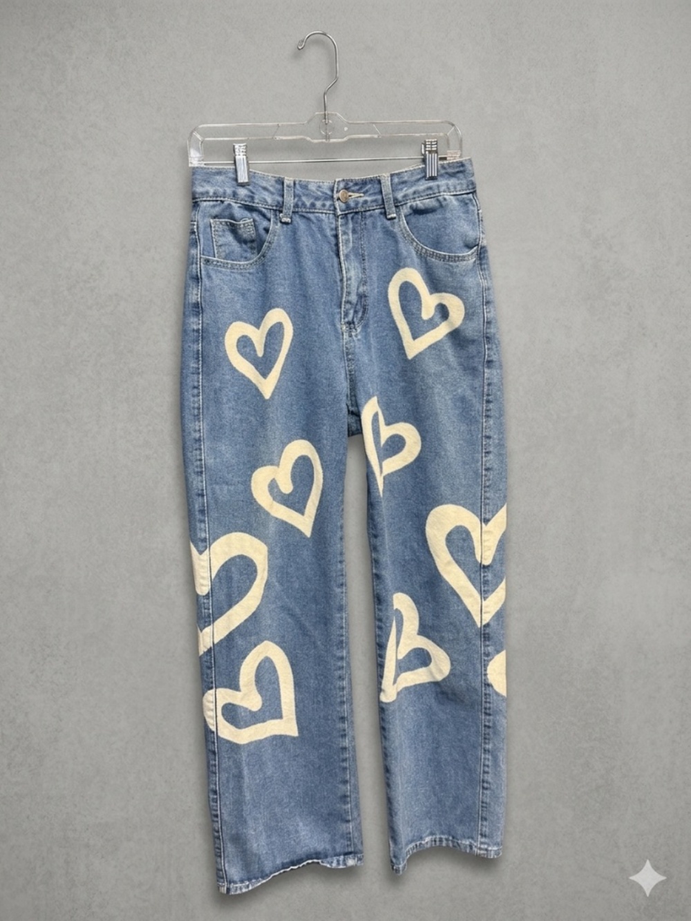 Y2K Heart Print Wide Leg Jeans Blue Denim Medium / US 6 High Waisted